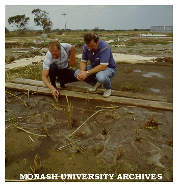 Planting of reeds for sewage treatment. Tom Davies from Chisholm Water Studies Centre (left) with Rex Brown from Mornington Peninsula and District Water Board