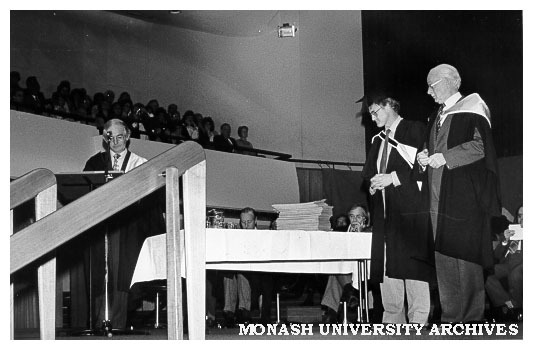 Chisholm conferring ceremony. Council President, Mr K. D. Green (right) with Mr Gerry Maynard (EDP) (left) and Mr David Muffet (Academic Registrar)