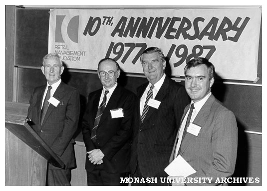 David Syme Business School of Marketing 10th anniversary. Bevan Bradbury (left), Michael Collins, Acting Head of Marketing, Bill Pratt and Graham Goldie