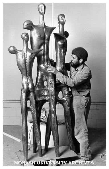 Mr Cole Sopov, Head of Chisholm Sculpture department, with sculpture 'Family of Man'