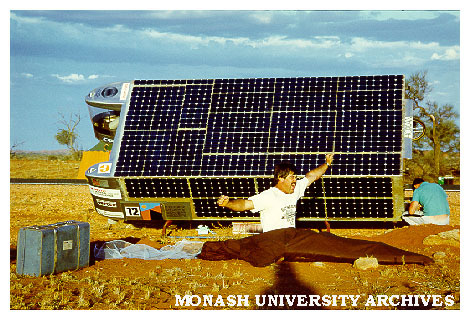 Rest stop for Desert Cat, Chisholm entry in Pentax World Solar Challenge race from Darwin to Adelaide