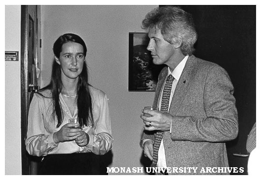 Library staff Jenny Barwick and Patrick Condon at wine tasting