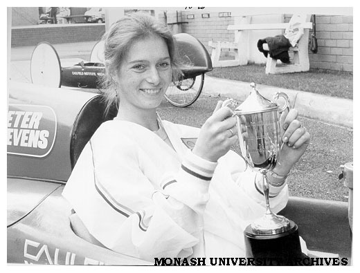 Driver of Project 80, Gabi Grasz, with first prize cup for College and University Division of 1981 Mileage Marathon