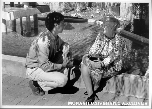 Dame Elisabeth Murdoch at opening of solar powered fountain at Footscray Institute of Technology, designed by Chisholm Ceramic Design student Robert Mills (left)