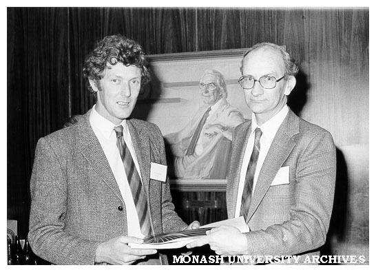 Mr David Packham Director of National Centre for Rural Fire Research at Chisholm handing ASM1 to acting chief of CSIRO Division of Forest Research Mr Alan Brown