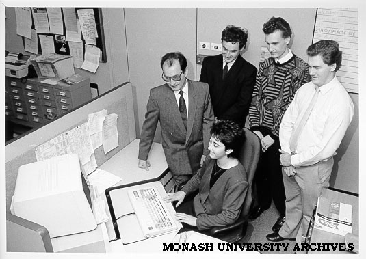 Computing students demonstrating system developed for SECV, from left: Henry Linger, Industrial Experience Co-ordinator; Joe Novella, David Webster, Tony Giuliano and Karen Avallone