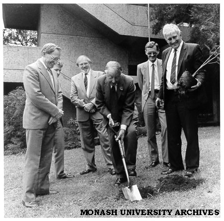 Tree planting by Monash Chancellor Sir George Lush outside building A at Frankston campus