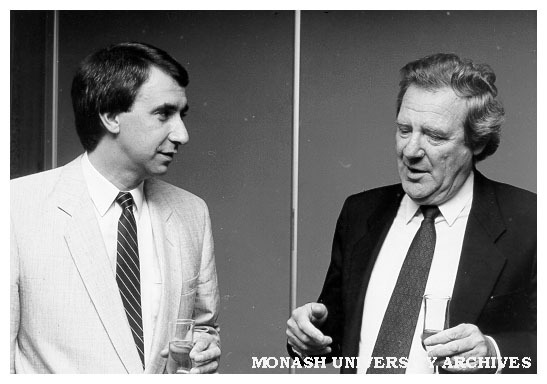 Paul Ramler (left), President of Chisholm Council, discussing merger with Monash Vice-Chancellor Professor Mal Logan after signing Heads of Agreement