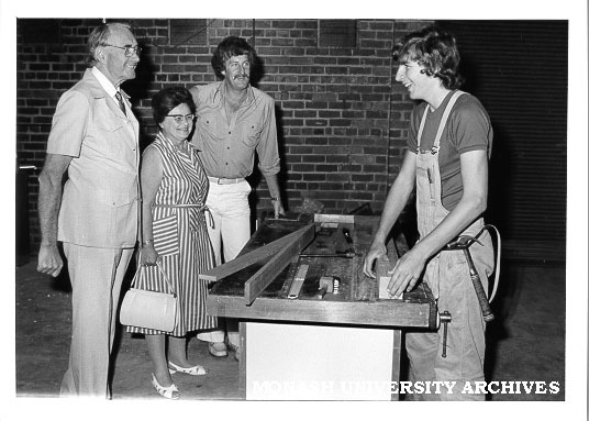 Lisa Brodribb, Ron Cumming and Peter Cutter with building apprentice