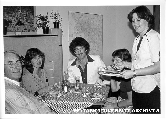 Diners at Bungles restaurant. Caulfield Institute of Technology Director Ron Cumming (left), Sally Metherall and Dean of the School of Orientation Studies Peter Cutter with friends