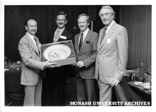 Presentation from Georges visiting executive Ron Everingham (2nd left), Mike Collins (left), Ken McDonald (Retail Traders Association Vic.), and CIT Director Ron Cumming