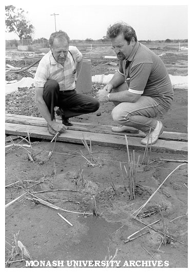 Planting of reeds for sewage treatment. Tom Davies from Chisholm Water Studies Centre (left) with Rex Brown from Mornington Peninsula and District Water Board