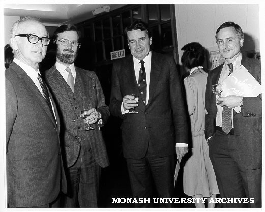 Opening of Graphic Design students' exhibition in London. Organiser Mr Ted Worsley (left) with guests: Mr Robert Strand, Victorian Agent General Mr Ian Haig, and Mr Christopher Lucas