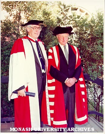 Sir Richard Eggleston and Chancellor Sir George Lush, after award of Sir Richard's honorary Doctor of Laws
