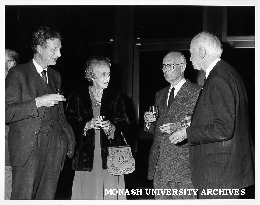 Celebration of 10th birthday of Robert Blackwood Hall. Dean of Engineering Professor Ken Hunt (left) with Lady Chamberlin, Sir Robert Blackwood and Sir Lindesay Clark