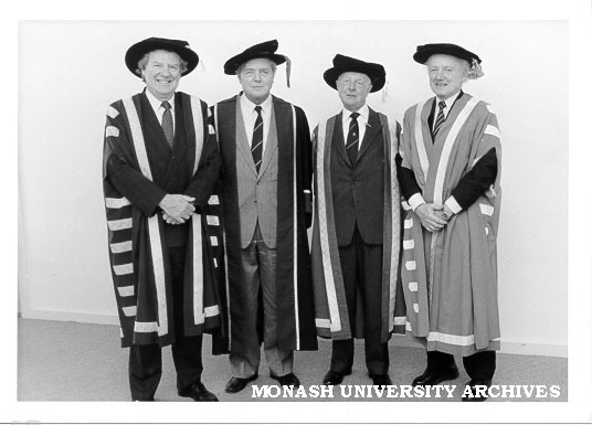 Dignitaries at Gippsland graduation ceremony. Vice-Chancellor Professor Mal Logan (left) with Mr Crofton Hatsell (chair of MUCG Advisory Council), Chancellor Sir George Lush, and Professor Tom Kennedy (Director of MUCG) following ceremony
