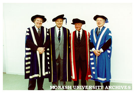 Dignitaries at Gippsland graduation ceremony. Vice-Chancellor Professor Mal Logan (left) with Mr Crofton Hatsell (chair of MUCG Advisory Council), Chancellor Sir George Lush, and Professor Tom Kennedy (Director of MUCG) following ceremony