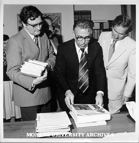 Prime Minister of Macedonia Mr Blagoj Popov with gift of books. Vice-Chancellor Professor Ray Martin (right) and University Librarian Mr Brian Southwell (left)