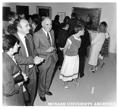 Opening of University Gallery, from left: Mrs Mabel Fels, Professor Allan Fels (Economics), Deputy Vice-Chancellor Professor Ian Polmear and daughter Mrs Andrea Wittick