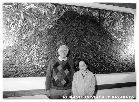 Mr Doug Ellis and artist Mrs Frieda Reiss in front of her donated 'Hope' mosaic on wall of Altis Grove coffee lounge, Sports and Recreation Centre