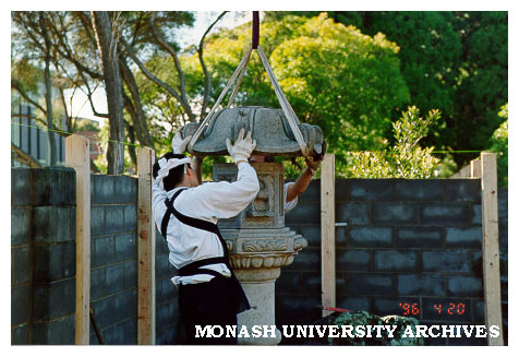 Erecting Kasuga style lantern, Japanese Garden