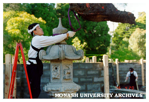 Erecting Kasuga style lantern, Japanese Garden
