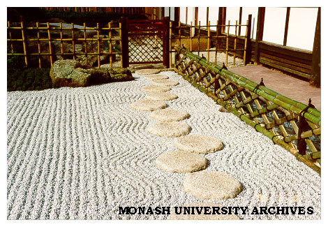 Stone (sekitei) garden, Japanese Garden, with Ryoangi style bamboo fence (right)