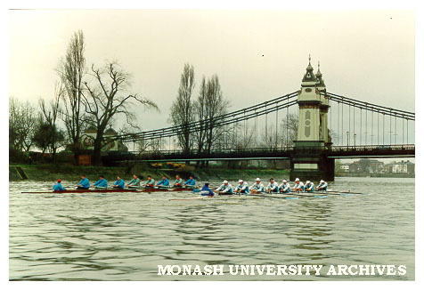 Rowing team. Cambridge Blue Boat and Monash shooting Hammersmith Bridge on the Boatrace course
