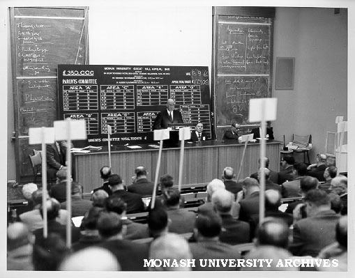 Meeting of fund raising teams for Great Hall appeal. Chairman of the Parents' Great Hall appeal committee, Mr T. A. Pettigrew speaking