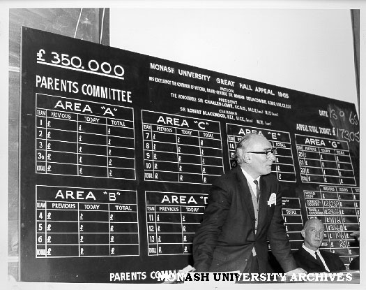 Dr Louis Matheson at meeting of Parents' Great Hall appeal committee with chairman Mr T. A. Pettigrew seated right