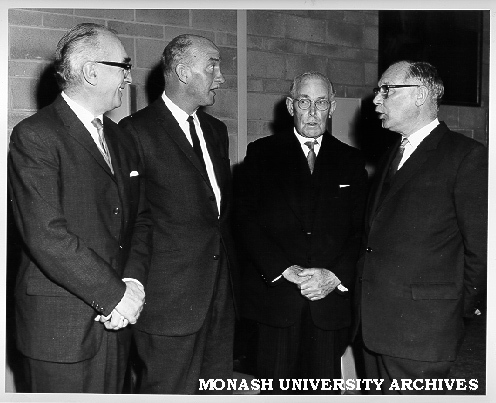 Dignitaries at launch of Great Hall Appeal. Vice-Chancellor Dr Louis Matheson (left) with chairman of the Parents' Great Hall fundraising committee Mr T. A. Pettigrew, Sir Charles Lowe and Chancellor Sir Robert Blackwood