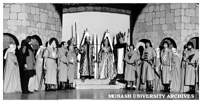 Knightly sequence from 'Camelot'. Festival Theatre Company - Michael Gordon as Arthur (centre left), and Janet Conos as Guinevere