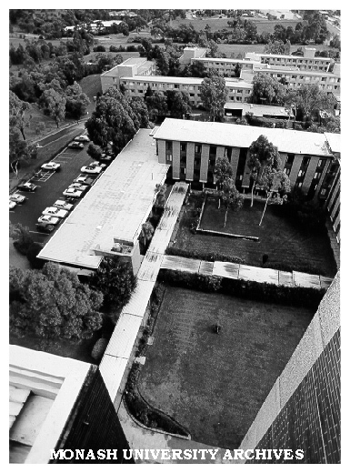 Farrer, Richardson and Roberts halls, Looking west from Howitt Hall