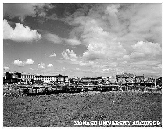 Halls of residence under construction, Deakin Hall at left