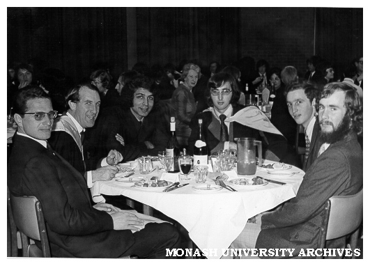 Graduation dinner at Mannix College, Warden of Union Graeme Sweeney (second left)