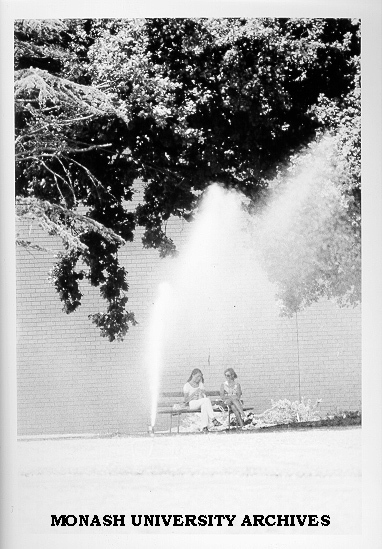 Dam fed sprinkler outside Robert Blackwood Hall