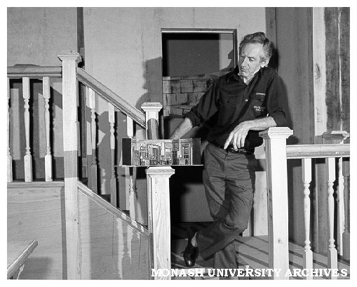 Graham McGuffie, Alexander Theatre technician, on set designed for 'Down an Alley Filled With Cats'