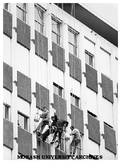 Cleaning north face of Menzies building, from left: Leslie Jasinowski, Jaromir Bartos, Geoff Minns and Josef Motycka