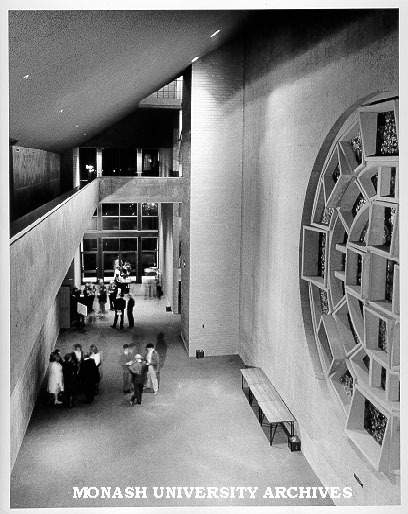 Lobby, Robert Blackwood Hall, with Lindesay Clark window by Leonard French at right.