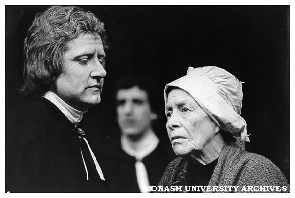 John Wood and Sheila Florance in 'The Crucible'. John Wood as Deputy Governor Danforth (left) and Sheila Florance as Rebecca Nurse