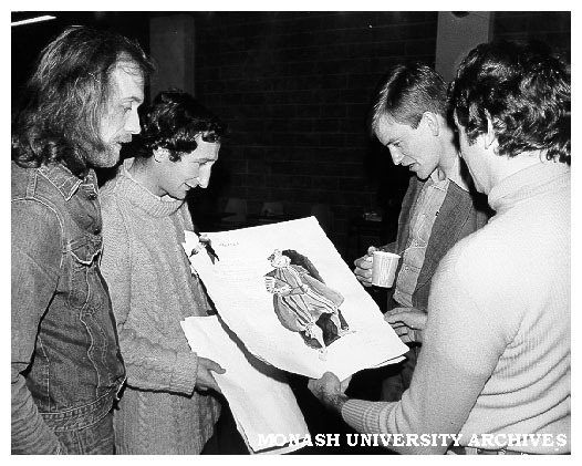 Cast and director of 'Laertes' with costume design. From left: Franciscus Henri - Musician; James Wright - Priest (Man of Letters); John Diedrich - Laertes; and Don Mackay the Director
