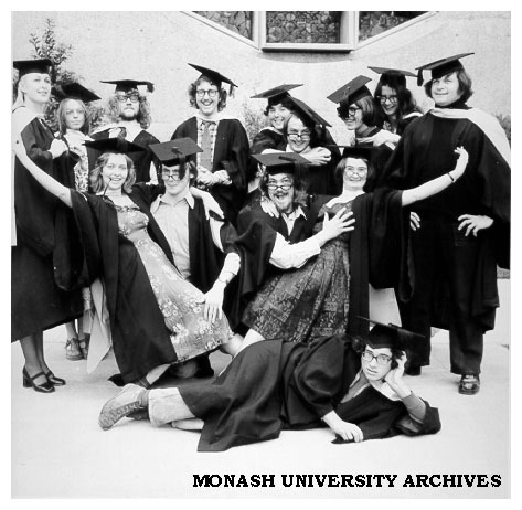 Cast of 'Salad Days' dressed for the Don's party in front of the Leonard French window of Robert Blackwood Hall