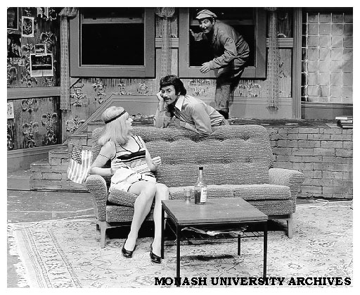 Scene from 'Witness'. Judith Roberts (left) as Miss Preston, Ron Owen (centre) as Young Man and Colin Hughes (right) as Window Washer