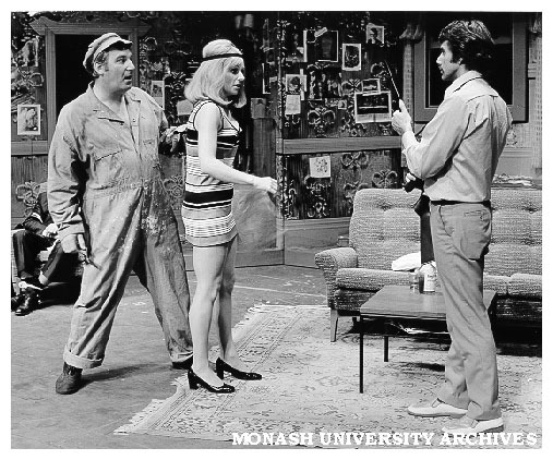 Scene from 'Witness'. Colin Hughes (left) as Window Washer, Judith Roberts (centre) as Miss Preston and Ron Owen as Young Man