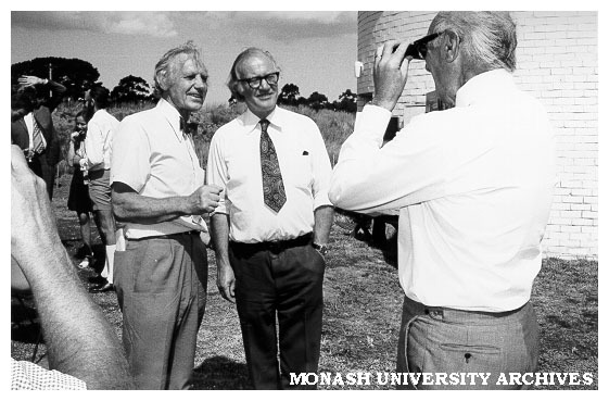Opening of Monash Observatory at Mt Burnett. Dr Louis Matheson (right) photographing Professors Kevin Westfold (left) and Robert Street