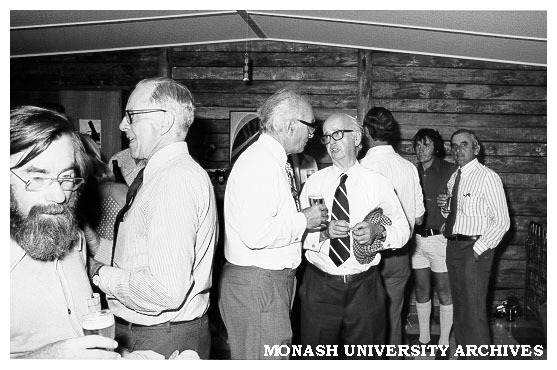 Dr Louis Matheson and guests in Bush Haven cabin at Mt Burnett, following opening of Monash Observatory