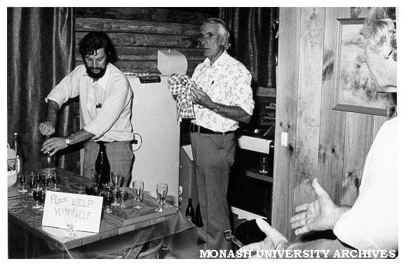 Bush Haven cabin following opening of Monash Observatory. Alan O'Brien (centre), Professor Westfold (right)