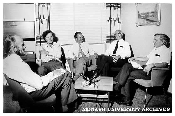 Taping session for retiring Vice-Chancellor Dr Louis Matheson. Keith Bennetts (left), Stewart Broadhead, Bill Scott, Dr Matheson, and John Legge