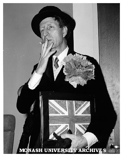 Professor Ken Hunt dressed to lead English contingent of audience in 'The Stone Wall'