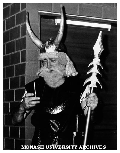 Dr Ian Hiscock dressed to lead Viking contingent of audience in 'The Stone Wall'
